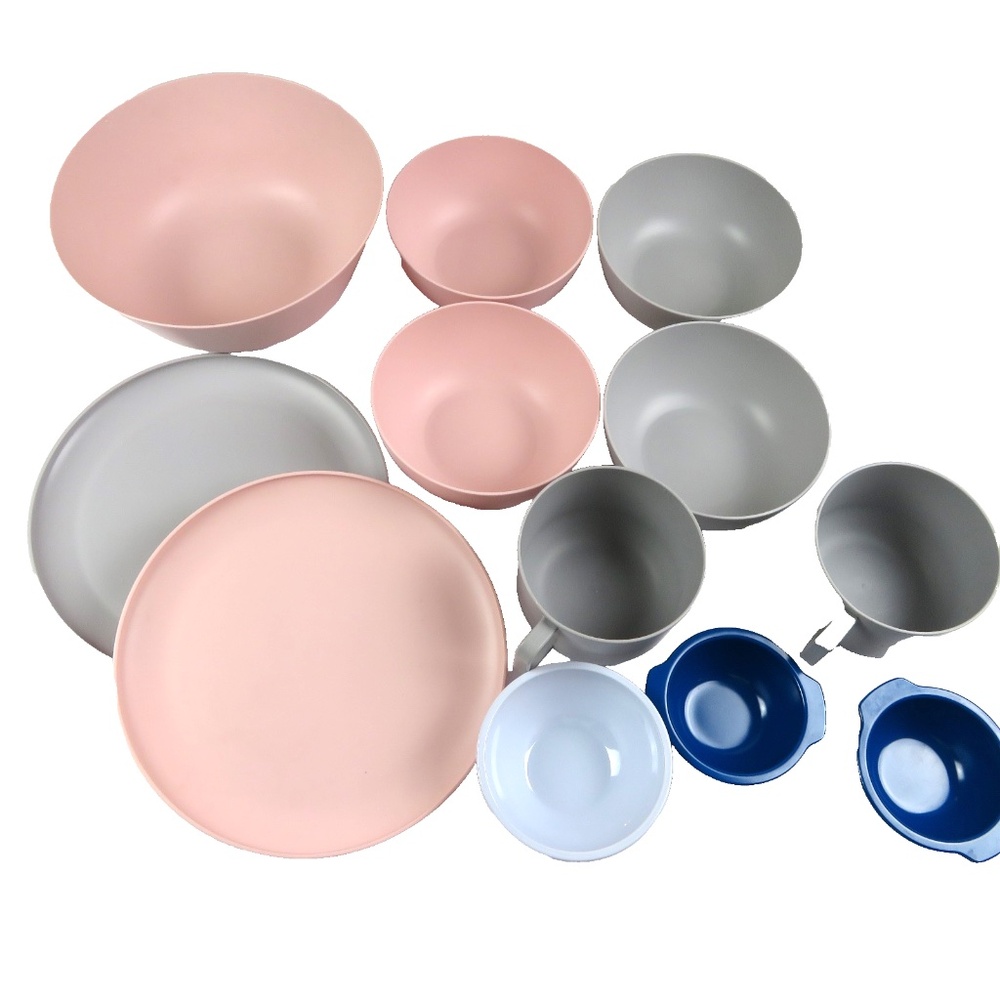 Lot of 12 melamine dishes plates, bowls, mugs for camping, boating, RVs